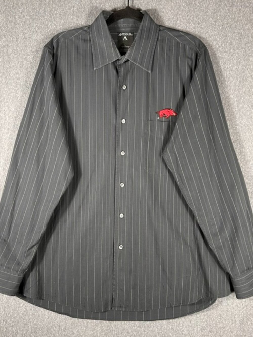 Antiqua Arkansas Razorback Button Down Shirt Mens Sz Lg Black White Stripes EUC